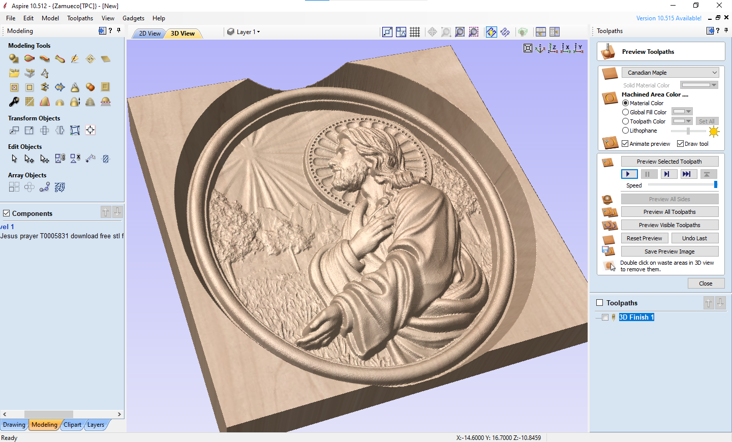 Jesus prays, 3D STL Model, CNC Router Engraver, Artcam, Aspire