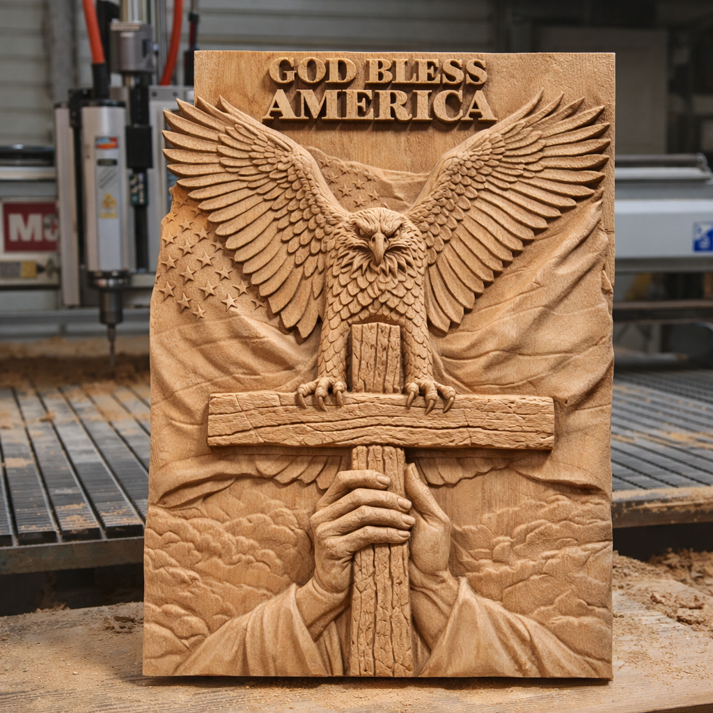 God bless America - eagle with crucifix, 3D STL Model, CNC Router Engraver, Artcam, Aspire ,3D printing