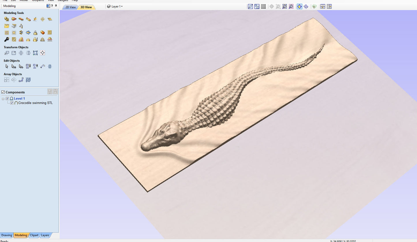 Crocodile swimming, 3D STL Model, CNC Router Engraver, Artcam, Aspire ,3D printing