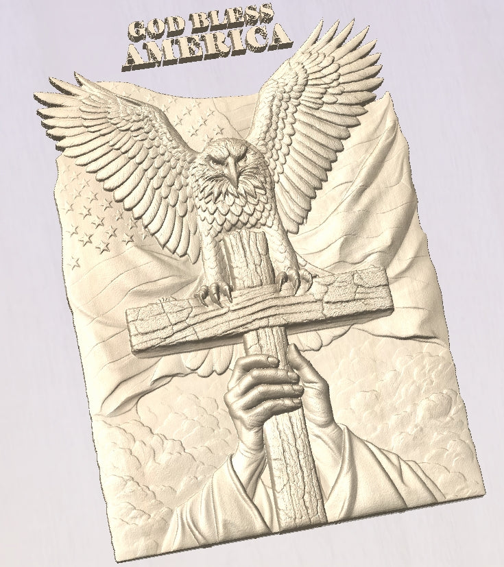 God bless America - eagle with crucifix, 3D STL Model, CNC Router Engraver, Artcam, Aspire ,3D printing