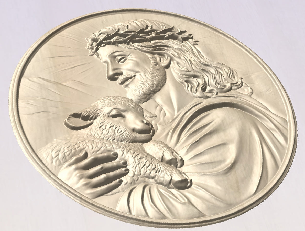 Jesus and the lamb round frame, 3D STL Model, CNC Router Engraver, Artcam, Aspire ,3D printing